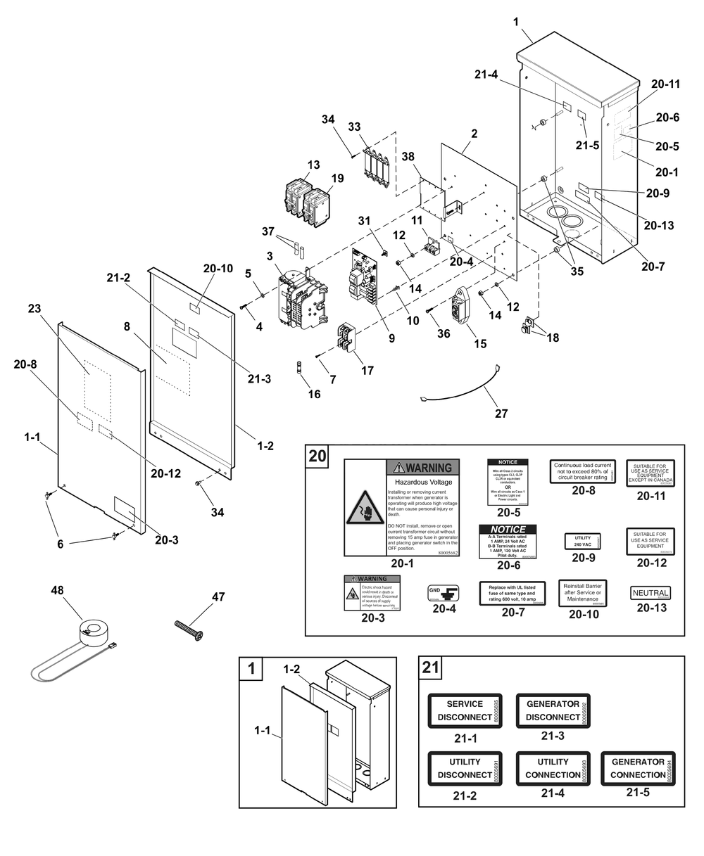 Transfer Switch - Hingeless Enclosure Diagram and Parts List for 071045-01  Briggs and Stratton Generator